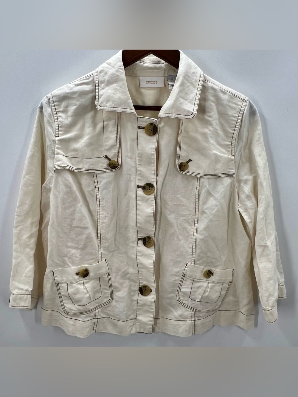 455 Chico's Large Cream Button-Front Utility Jacket